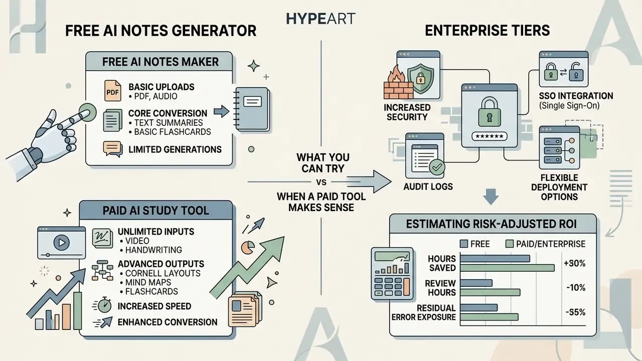 Comparison chart contrasting free study tools with paid enterprise features and risk-adjusted ROI metrics