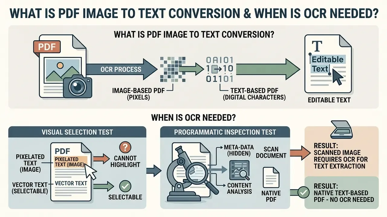 Infographic showing how OCR converts pixel-based PDF images into editable digital text characters