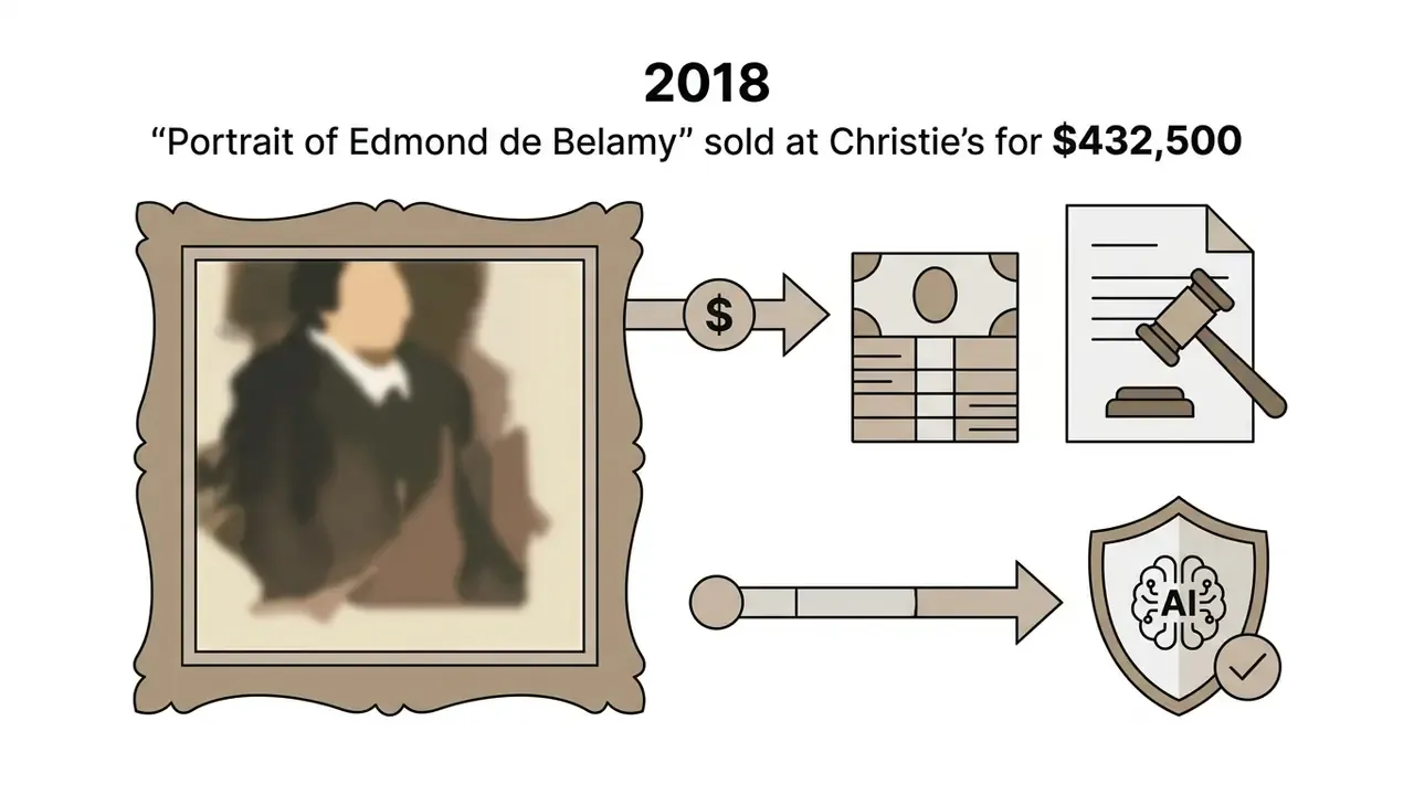 Framed portrait connecting to currency, auction documents, and an AI shield icon representing art history