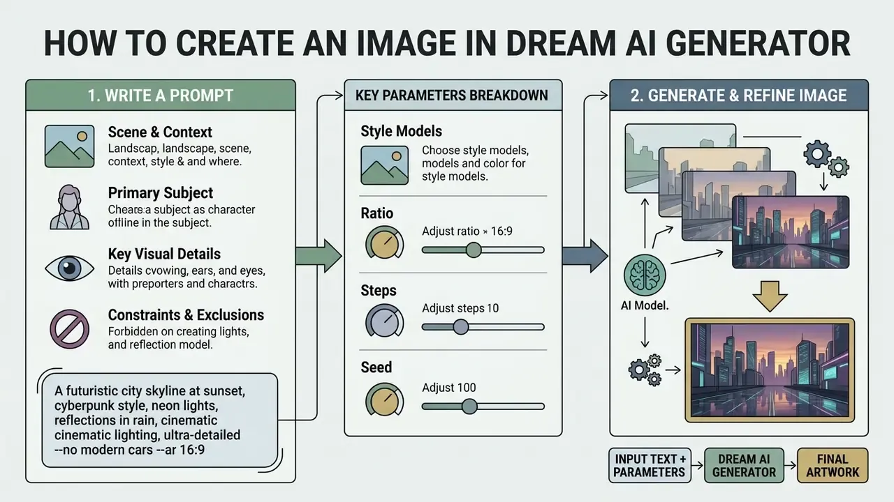 Infographic detailing the process of writing prompts, setting parameters, and generating digital artwork