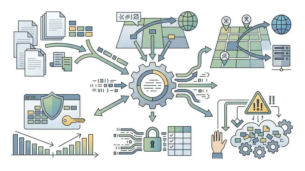 Central gear mechanism processing data inputs from documents, maps, and security protocols into storage