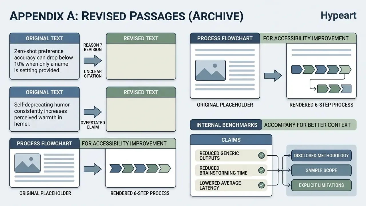 Comparison table showing text revisions alongside process flowcharts and internal benchmark claims