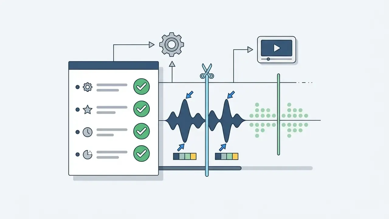 Checklist next to a timeline with audio waveforms being cut by scissors to align with video clips