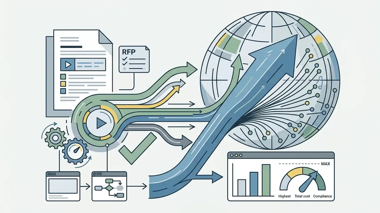 Document and process icons connecting to a global network arrow and performance analytics dashboard