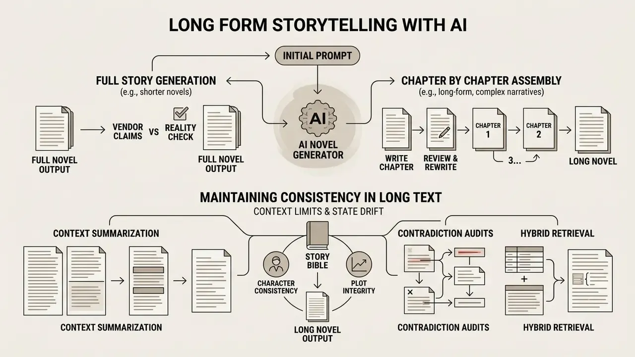 Diagram comparing full story generation versus chapter assembly and methods for maintaining text consistency