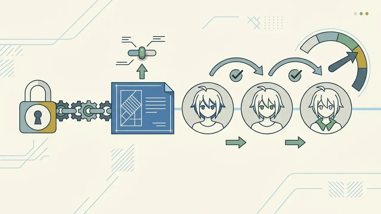 Locked seed icon connected to a sequence of character iterations leading to a progress gauge