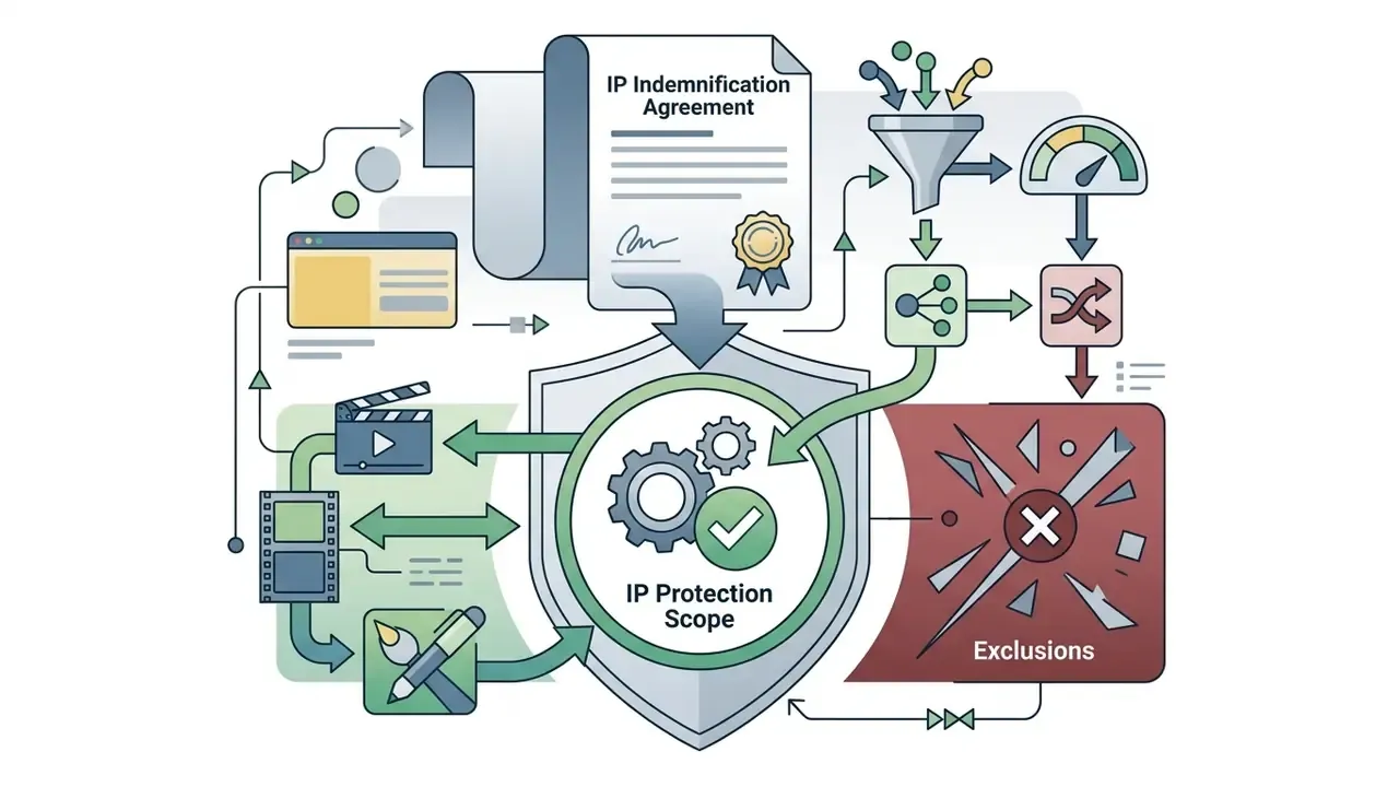 IP agreement document feeding into a shield icon that separates protected video assets from exclusions