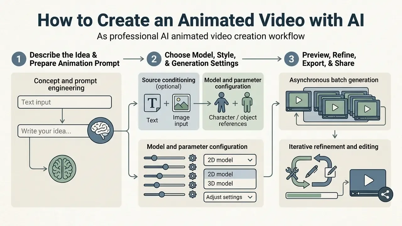 Three step process diagram detailing prompt engineering, model configuration, and video refinement