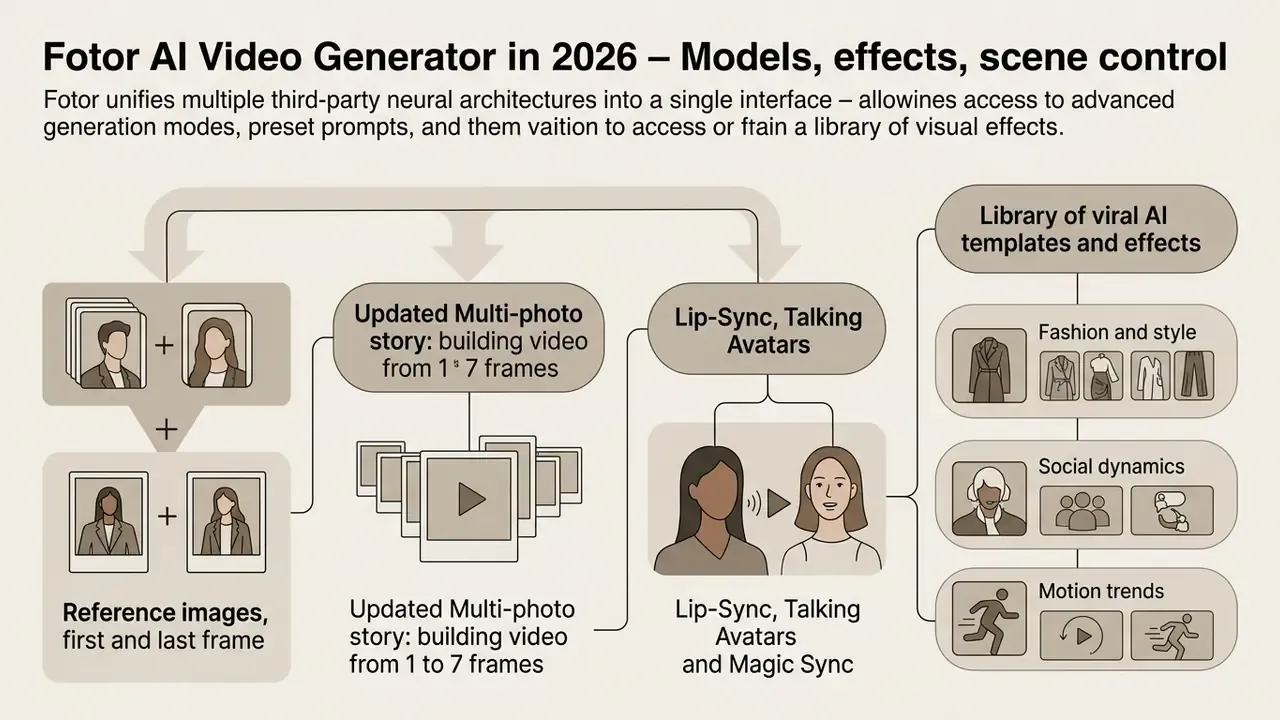 Flowchart displaying video creation tools like multi-photo story, lip-syncing, and style templates