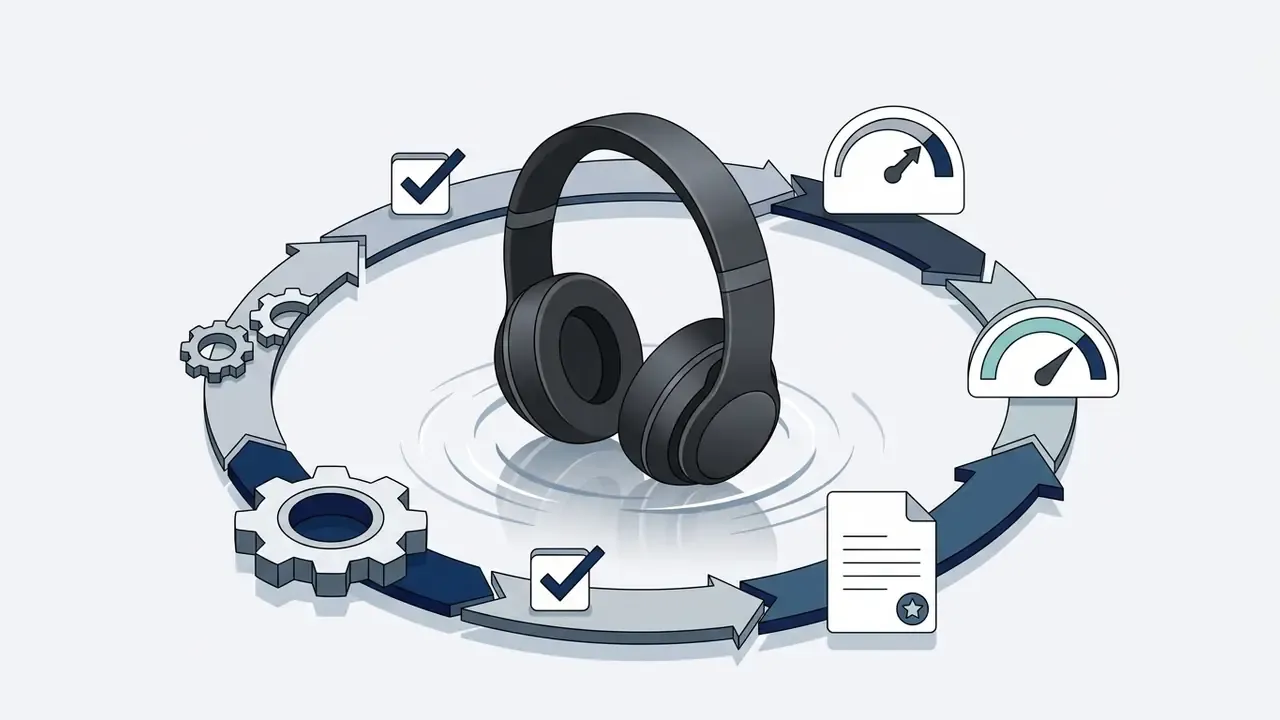 Matte-black wireless headphones centered in a circular process flow with gears, checkmarks, and gauges