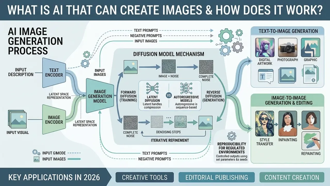Infographic showing how AI image generation models use diffusion processes to transform inputs into art