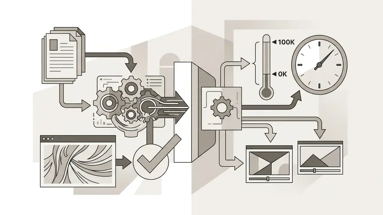 System flow showing document and image inputs processed by gears into temperature, time, and video outputs