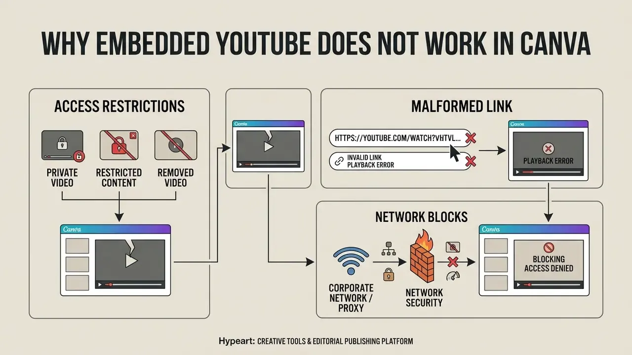Infographic showing three causes for YouTube embed failures in Canva including access, links, and networks