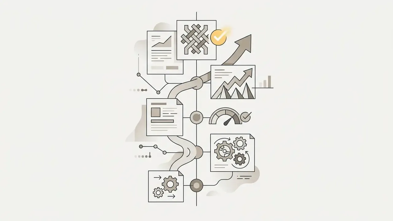 Winding path connecting document icons with charts, gears, and a speedometer to show story progression