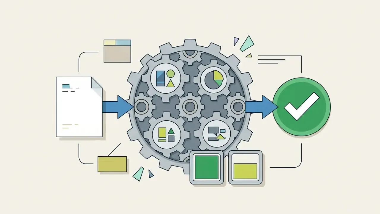 Document icon feeding into a complex gear system that outputs a green circle with a white checkmark