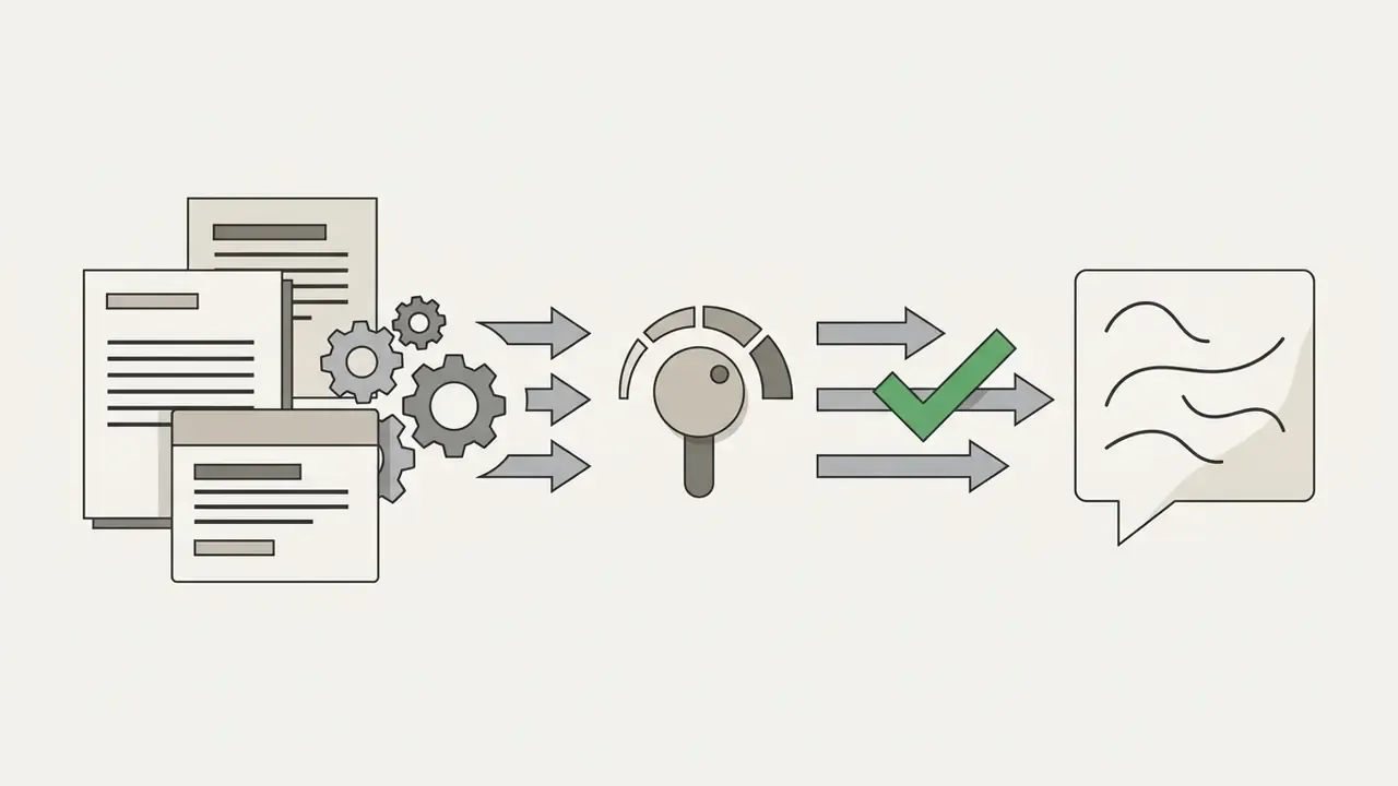 Documents passing through gears and a dial to be transformed into a stylized message bubble