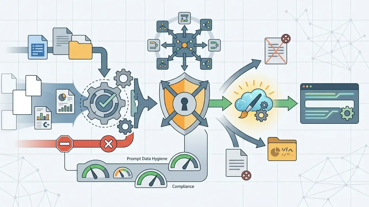 Data processing pipeline featuring a security shield, compliance gauges, and filtered output streams