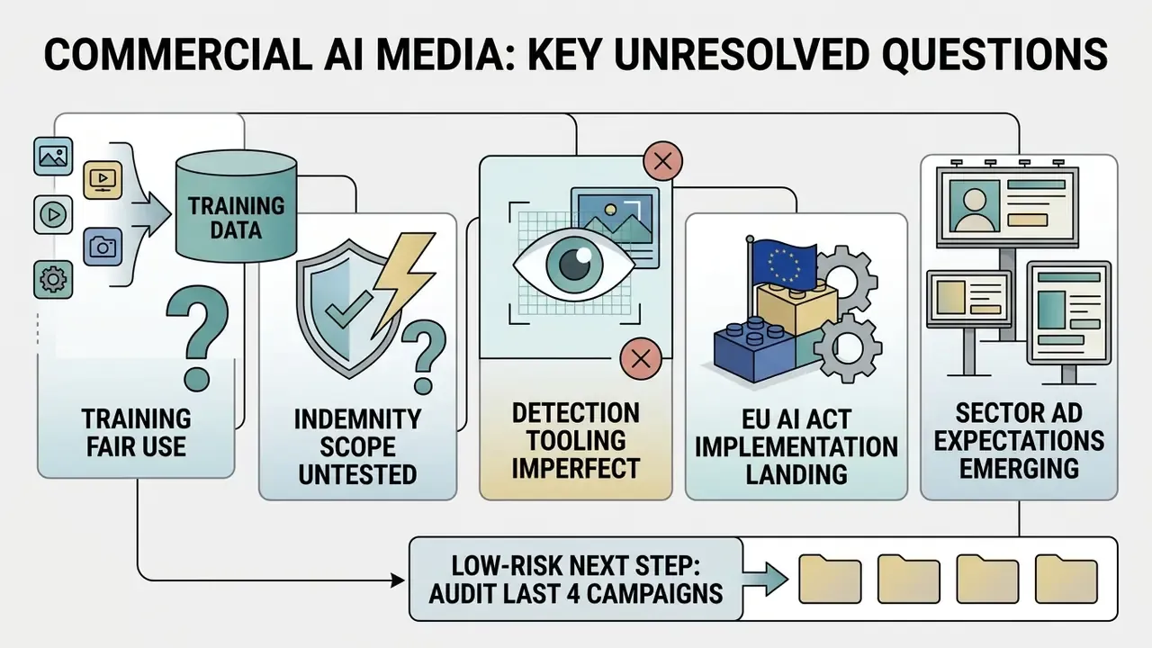 Series of icons representing legal and technical challenges for AI media with a final audit step