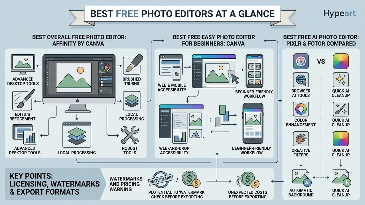 Infographic comparing features of Affinity, Canva, Pixlr, and Fotor for photo editing workflows