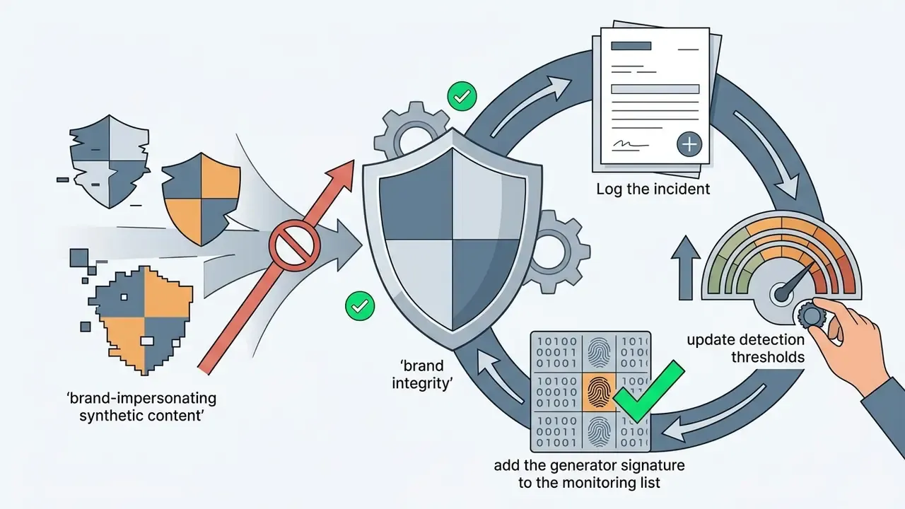 Circular workflow showing incident logging, threshold adjustment, and signature monitoring for brand safety