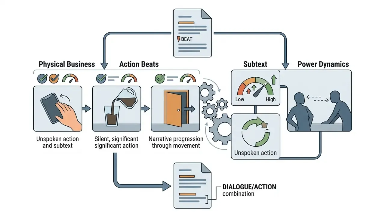 Visual representation of action beats connecting physical business, subtext, and power dynamics in writing
