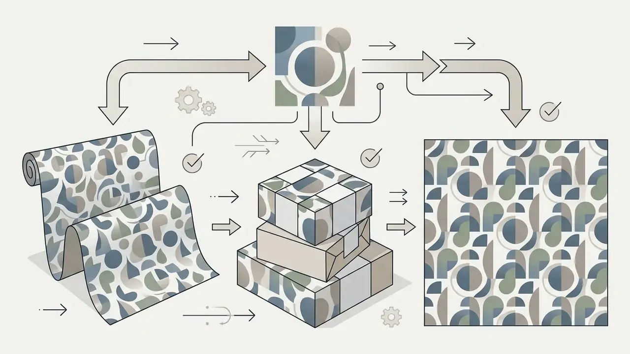 Geometric pattern tile processed into textile rolls, wrapped packages, and a repeating square background