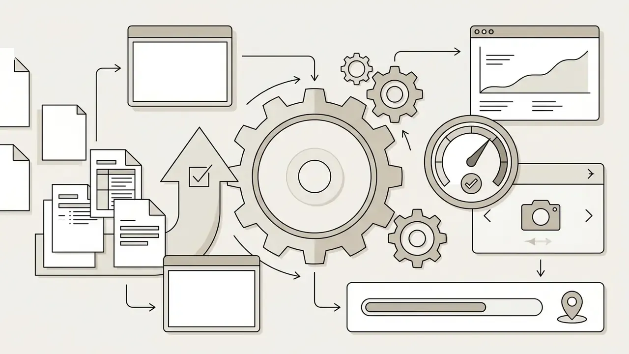 Central gear mechanism processing document inputs into Google Veo video generation and performance metrics