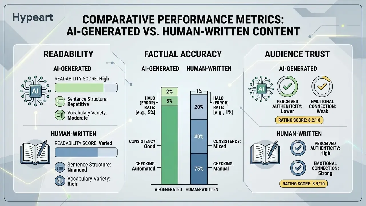 Infographic comparing readability, factual accuracy, and audience trust between AI and human content