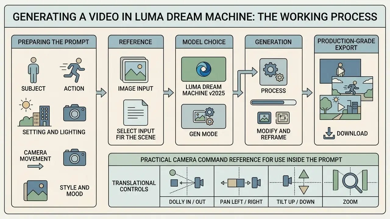 Step-by-step workflow diagram for Luma Dream Machine video generation including camera control commands