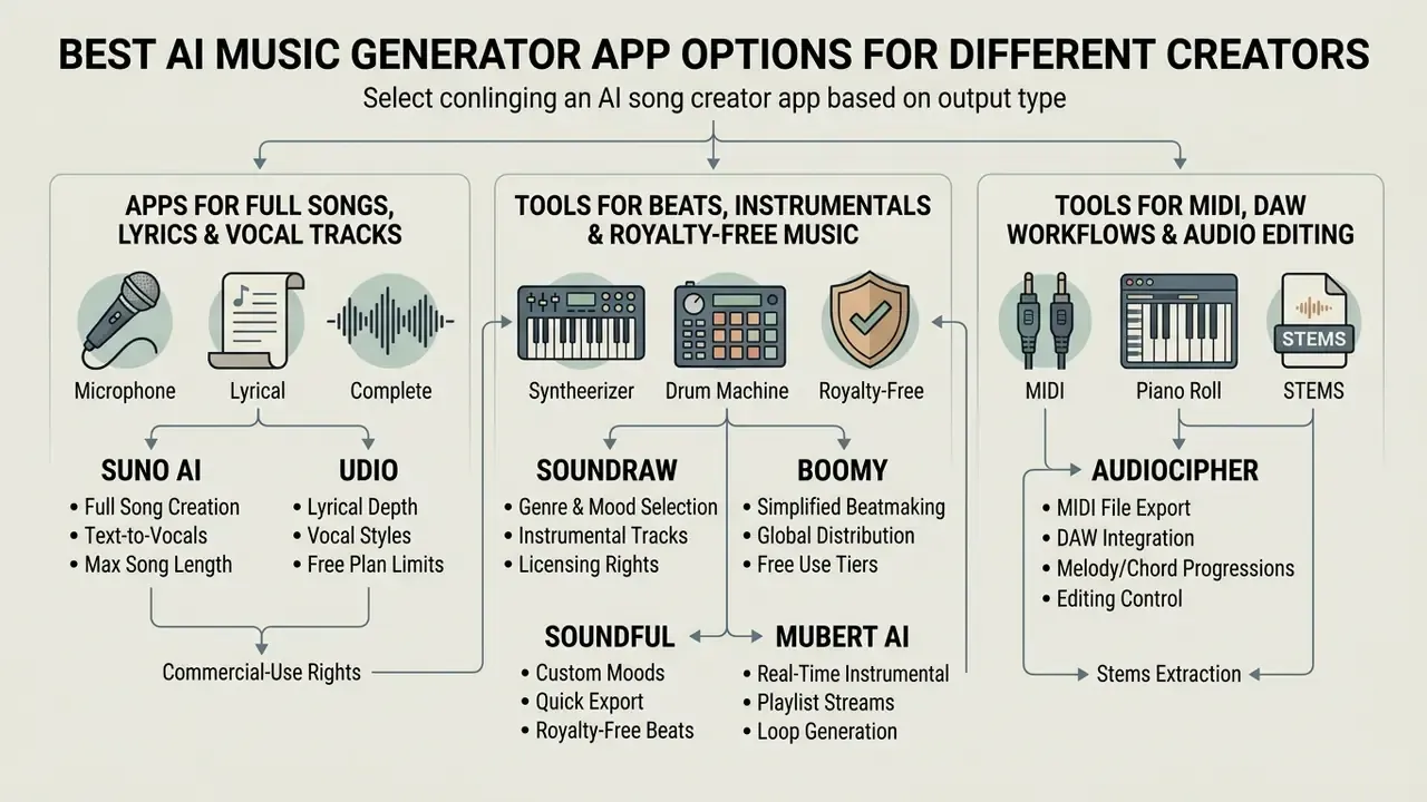 Categorized list of software tools for creating songs, beats, and MIDI tracks with their key features