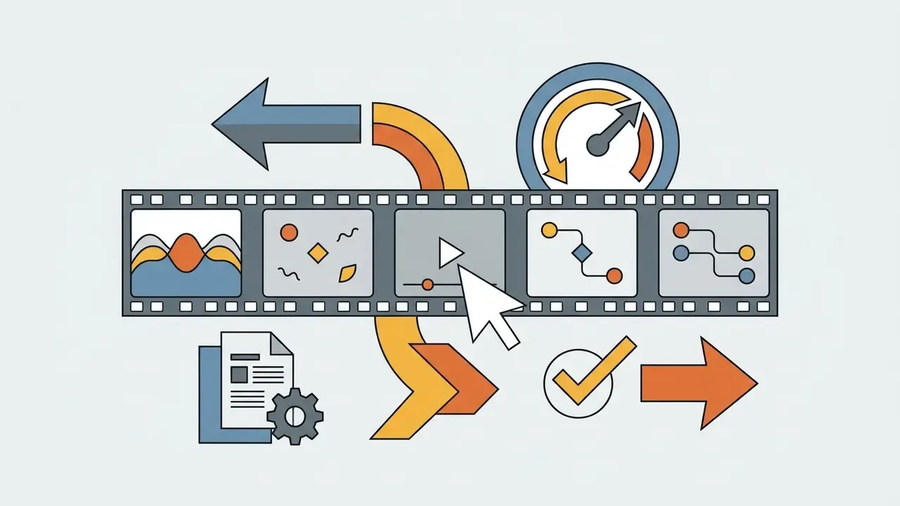 Film strip with a mouse cursor selecting frames alongside arrows and icons representing how to edit videos