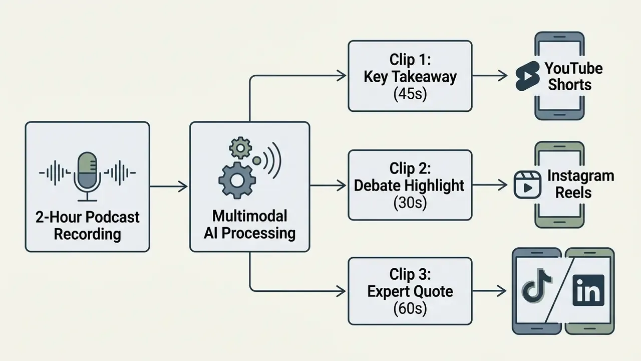 System map showing long podcast recordings processed into short social media clips for various platforms
