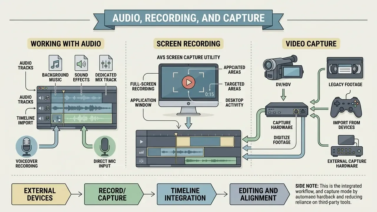 Infographic showing audio mixing, screen recording workflows, and external video capture integration