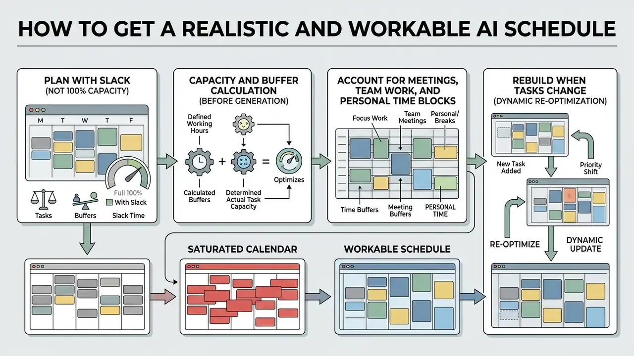 Process diagram showing steps for planning with time buffers, capacity calculations, and dynamic updates