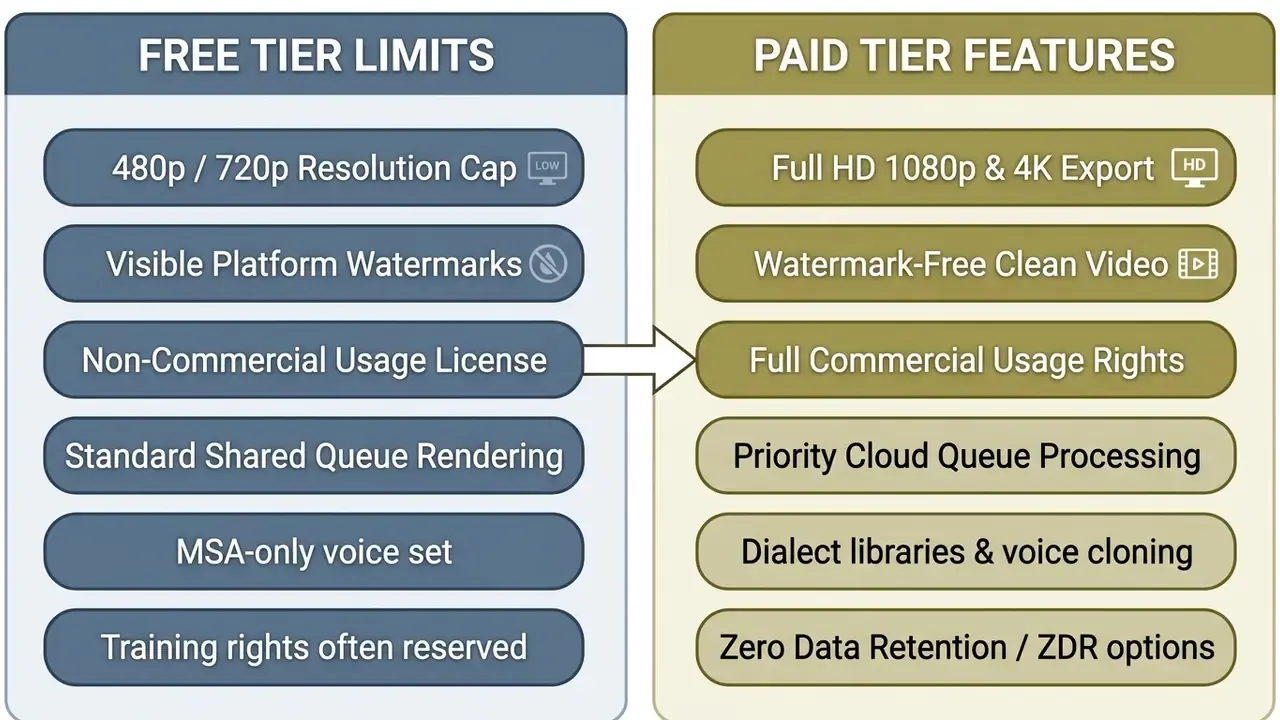 Side by side list comparing limitations of a free plan against features of a paid ai video generator