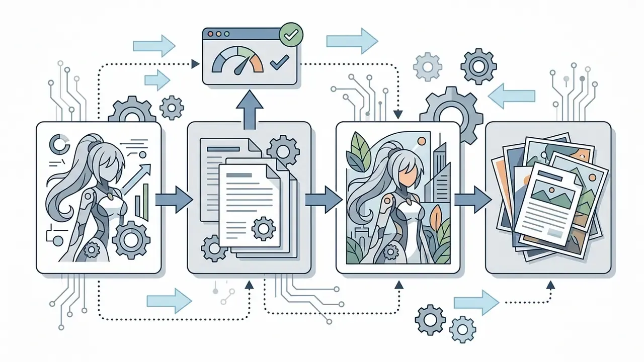 Sequence of stylized character illustrations and document processing icons connected by gears and arrows