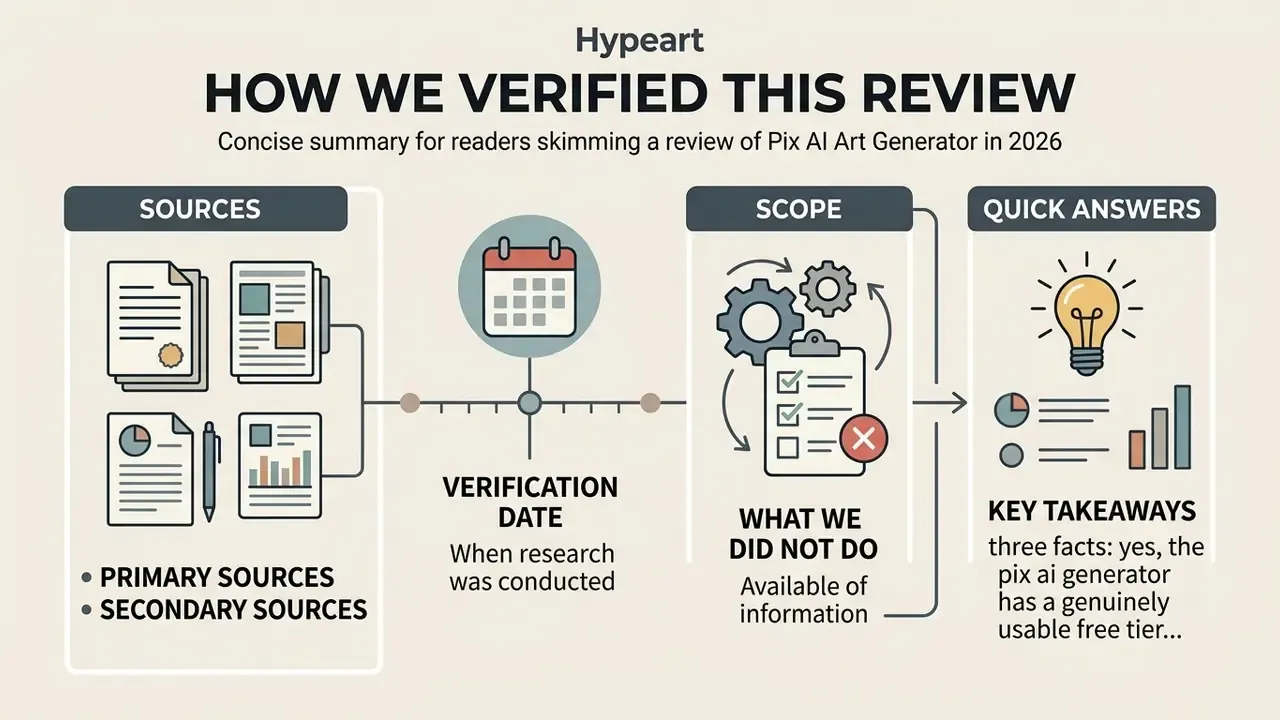 Infographic showing the research process for a Pix AI review including sources, dates, and key takeaways