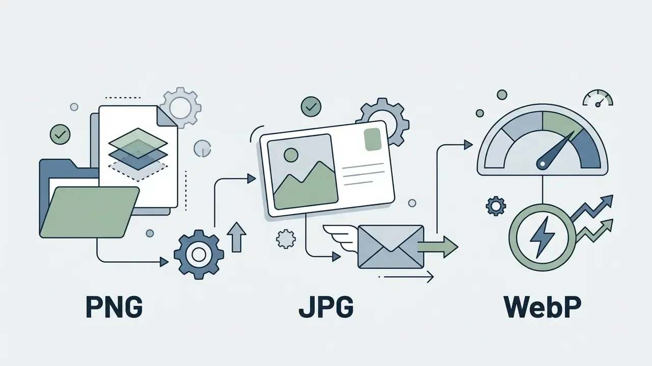 Icons representing PNG file layers, JPG photo delivery, and WebP performance speed optimization