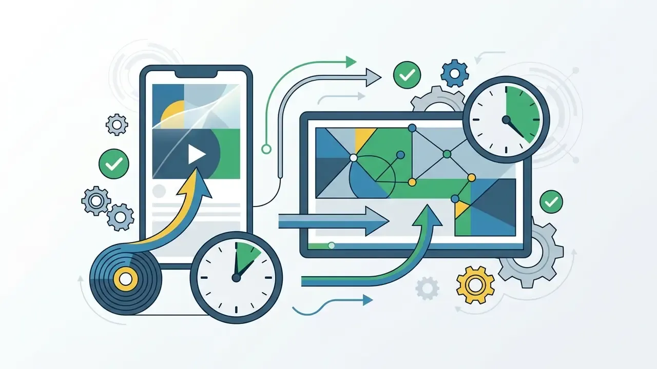 Smartphone and computer screens connected by arrows and clocks representing short and long video formats