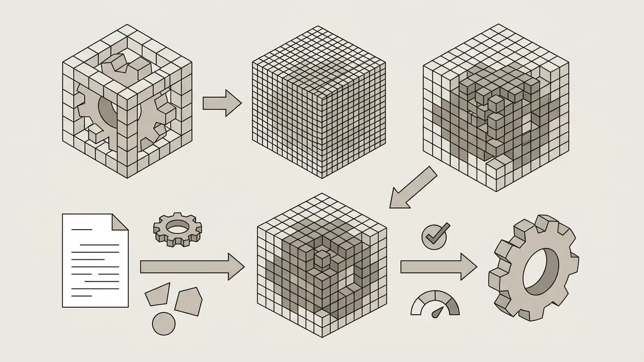Series of cubes showing voxel grid processing from raw geometric inputs to a finalized gear model