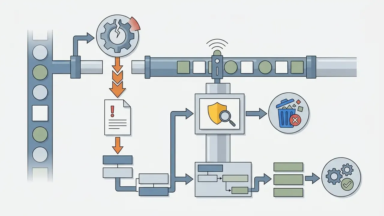 Broken gear triggering an incident report that routes data through a security scanner to a trash bin or gears
