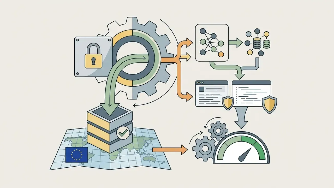 Locked data flowing through gears to a server on a map with protected documents and performance gauges