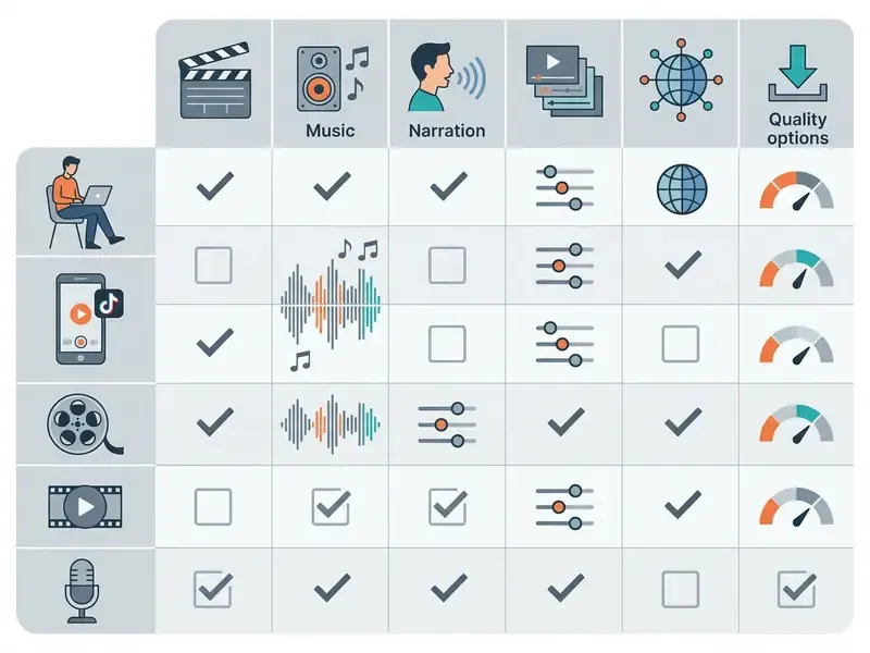 Comparison matrix showing functional capabilities of various video maker with music tools using checkmarks