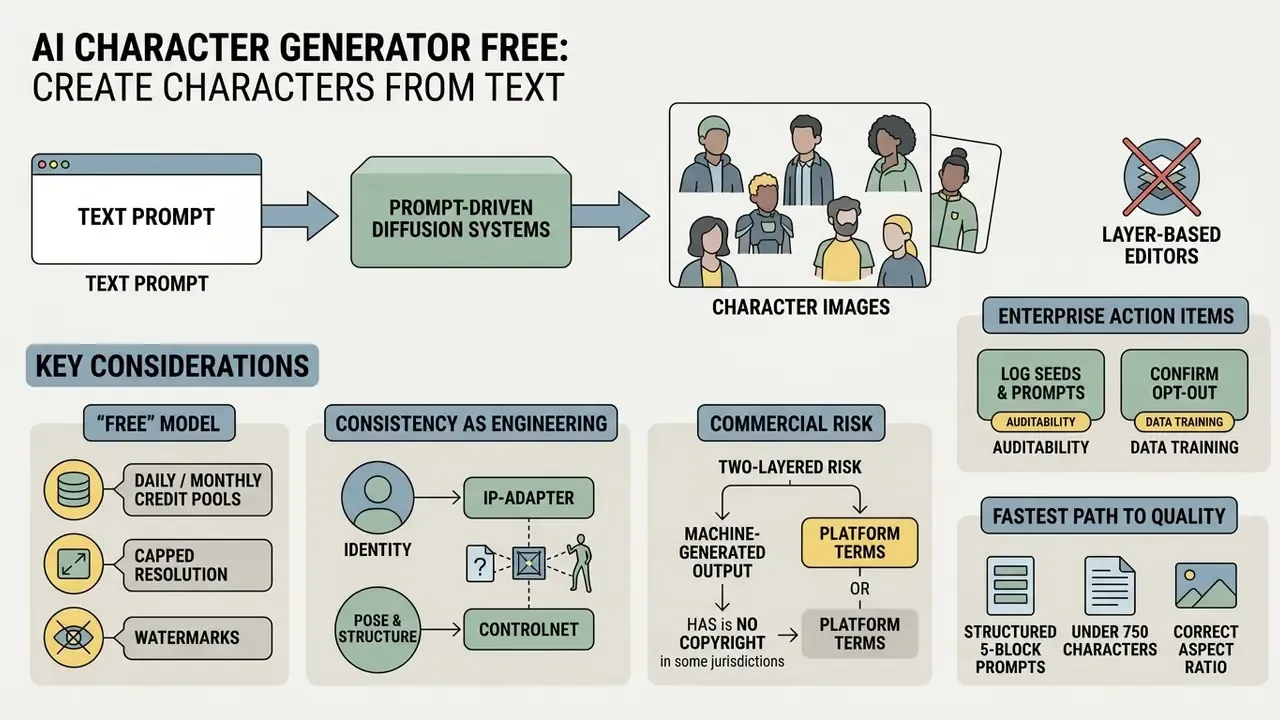 Infographic showing how prompt-driven AI character generator tools function alongside key risk factors