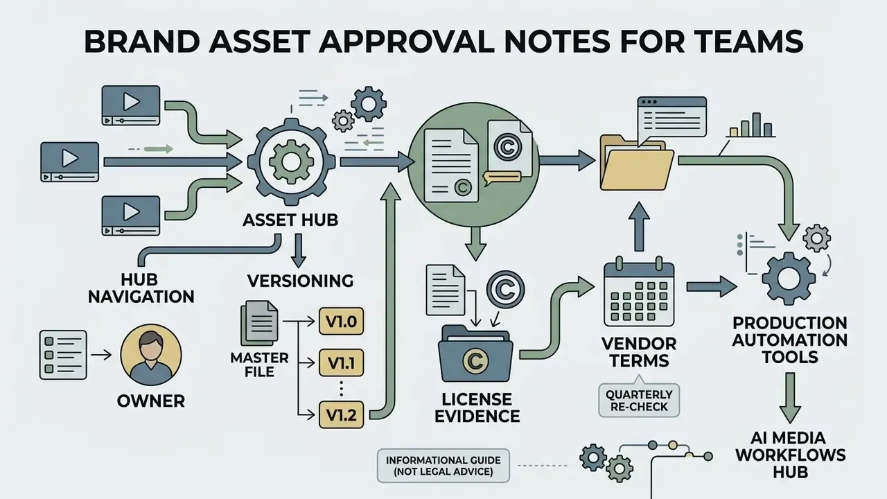 Process map showing asset hub management, version control, license documentation, and automation workflows