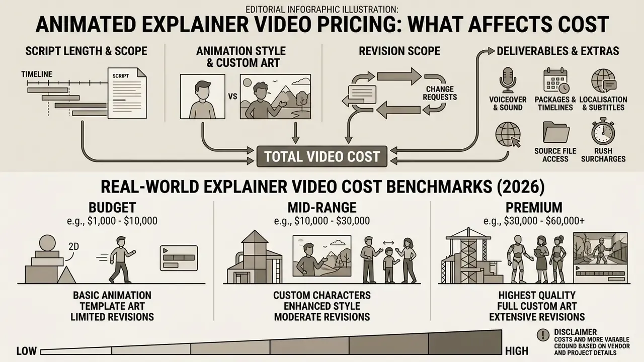 Infographic detailing cost factors and budget benchmarks for animated explainer video production