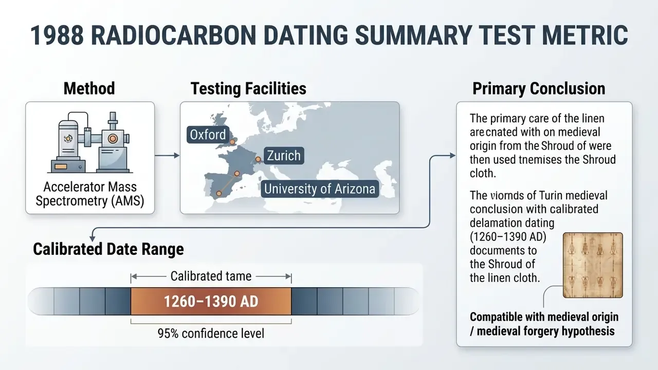 Summary table detailing the 1988 radiocarbon dating methods, testing locations, and medieval date conclusions