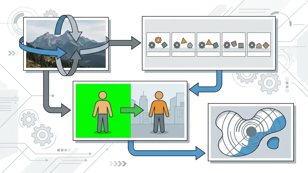Diagram showing pan and zoom effects, stop motion frames, chroma keying, and masking techniques