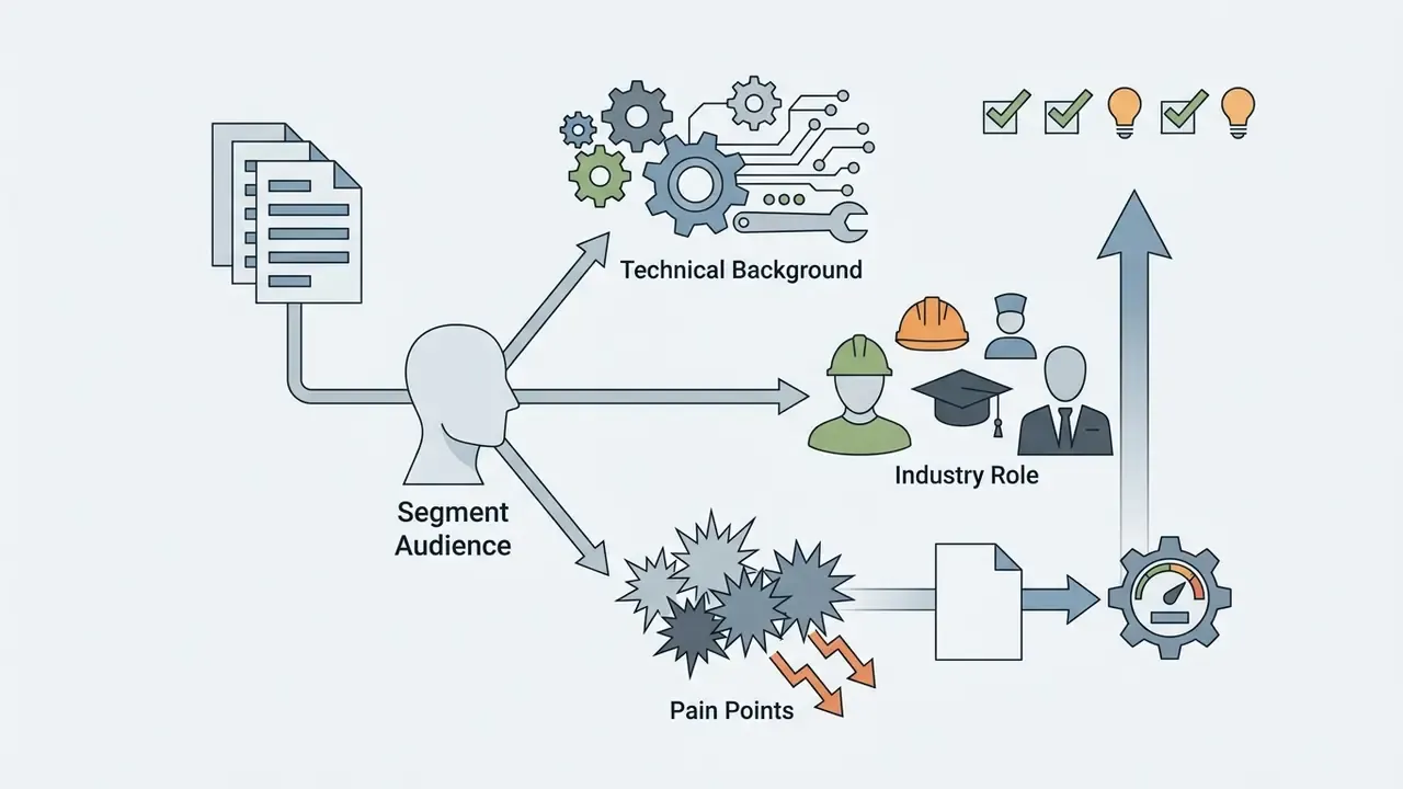 Human profile icon branching into technical background, industry role, and pain points for segmentation