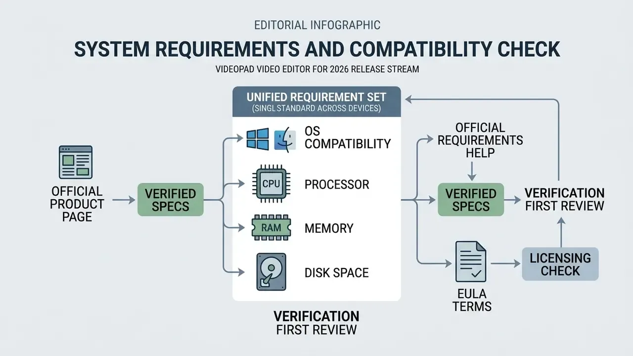 Diagram showing the workflow for checking VideoPad system requirements and licensing terms